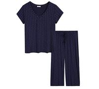 Joyaria Pyjamas Set Damen kurzärmligen Schlafanzug Capri 3/4 Lang Hose Sommer Nachtwäsche(Marineblauer Punkt, XXL)