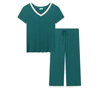 Joyaria Schlafanzug Damen Sommer Pyjamas Set Frauen Kurzarm Top und 3/4 Hosen Nachtwäsche(Grün, XL)
