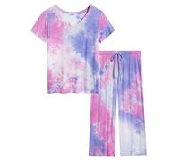 Joyaria Schlafanzug Damen Sommer Pyjamas Set Frauen Kurzarm Top und 3/4 Hosen Nachtwäsche(Lila Batikmuster, XL)