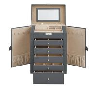 JOYFURNOS Schmuckkästchen mit 6 Ebenen, Schmuckbox mit 5 Schubladen, großer Stauraum, mit Spiegel, abschließbar, Schmuckaufbewahrung, Geschenk für Ihre Liebsten, für Uhren, Grau
