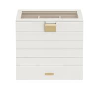 JOYFURNOS Stapelbare Schmucktabletts, 6-stöckige Schmuckbox, Große Schmuckschatulle, Klarglasdeckel, 17 x 28 x 25,3 cm, für Schminktisch, Geschenkidee, Wolkenweiß