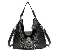 Joygoodta Totenkopf-Handtasche, 14 x 6 x 13 cm, Totenkopf-Geldbörse aus weichem, gewaschenem Leder mit robustem Reißverschluss und verstellbarem Schultergurt, Gothic-Tasche für Arbeit, Einkaufen, Sch
