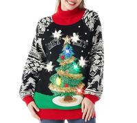 JOYIN Frau leuchten Pullover hässliches langes Pulloverkleid mit lustigem 3D -Weihnachtsbaum und Neuheit Glühbirnen, schwarzer Langarm Xmas Strick Musterpullover (L)