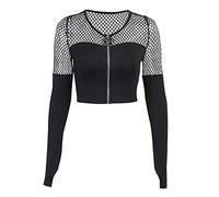 JOYISURE Damen Gothic Netzjacke Sexy Strickjacke mit Reißverschluss Lose Rundhals Pullover Y2K 90er Crop Tops Schwarz Durchscheinend Sweatshirtjacke(Schwarz,M)
