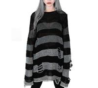 JOYISURE Damen Pullover Lang Punk Gothic Strickpullover Hohlloch Pullover Loses Top Oversize Gestreifter Zerrissene Longpullover Vintage Pulloverkleid Herbst Dünne Oberteile Jumper Tops（Grau）