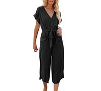 JOYISURE Overall Damen 3/4 Lang Jumpsuit mit Weitem Bein Schulterfrei Kurzarm Strampler Elastischer Bund Romper Leicht Freizeit Hosenanzug Lässiger Einfarbiger Playsuit mit Gürtel(Schwarz,XL)