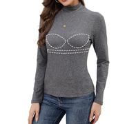 Joyshaper Damen Rollkragenshirt Langarm T-Shirt mit Integriertem BH Unterhemd Ohne Bügel Stehkragen Oberteil Blusen Thermo Oberteil Pullover, Grau, L