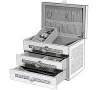 joyshiny Verspiegelte Schmuckschatulle, 3-lagig, 2 Schubladen, Glas-Schmuck-Organizer mit Deckel, Aufbewahrungsboxen für Halsketten, Ringe, Ohrringe, silberfarbene Diamanten, Heimdekoration