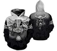 JoYww Herren Viking Odin 3D Tattoo Thor's Hammer Grauer Hoodie, Nordische Mythologie Loses Lässiges Sweatshirt Herbstmode Pullover in Überpaarjacke Kängurutasche (Color : Hoodie, Size : M)