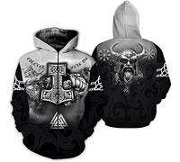 JoYww Herren Viking Odin 3D Tattoo Thor's Hammer Grauer Hoodie, Nordische Mythologie Loses Lässiges Sweatshirt Herbstmode Pullover in Überpaarjacke Kängurutasche (Color : Zip, Size : L)