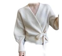JPSSJGYH Kurzer Wickelpullover für Damen, V-Ausschnitt-Pullover, langärmlige Strickpullover (Beige,One Size)