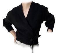 JPSSJGYH Kurzer Wickelpullover für Damen, V-Ausschnitt-Pullover, langärmlige Strickpullover (Black,One Size)