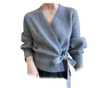 JPSSJGYH Kurzer Wickelpullover für Damen, V-Ausschnitt-Pullover, langärmlige Strickpullover (Gray,One Size)