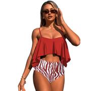 JPXJGT High Waist Damen Zweiteiliger Bikini Set Badeanzug Rüschen Bedruckt Bademode mit Hoher Taille Bikinihose Tankini Oberteil Strandkleidung (Size:M,Color:Rot)