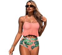 JPXJGT High Waist Damen Zweiteiliger Bikini Set Rüschen Bedruckt Bademode mit Hoher Bikinihose Tankini Oberteil Strandkleidung (Size:XL,Color:Orange)