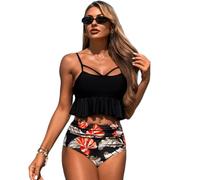 JPXJGT High Waist Damen Zweiteiliger Bikini Set Rüschen Bedruckt Bademode mit Hoher Bikinihose Tankini Oberteil Strandkleidung (Size:L,Color:Schwarz)