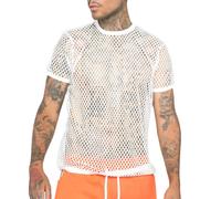 JPXJGT Men's See Through Mesh Fishnet Shirt Short Sleeve Muscle Undershirts Tee Tops Clubwear (Size:3XL,Color:Weiß)