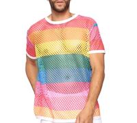 JPXJGT Men's See Through Mesh Fishnet Shirt Short Sleeve Muscle Undershirts Tee Tops Clubwear (Size:XL,Color:Regenbogen)