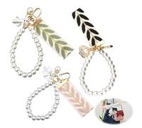 JRILUO Perlen Schlüsselanhänger Mit Schlüsselband Kurz, Stilvoller Keychain Damen, Kreativer Schlüsselring Mit Blätter Seidenband Und Perlen, Taschenanhänger Für Handtasche Geldbörse Auto Schlüssel