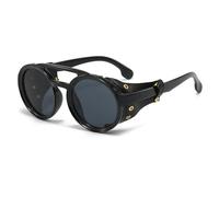 JRLLFD Herren Punk Sonnenbrille für Damen Luxus Runde Steampunk Lederbrille Vintage UV400 (schwarz)