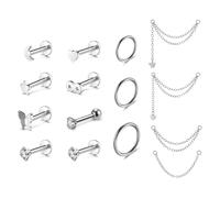 JSDDE 15er Ohrstecker mit Kette Silber Helix Piercings 1.2mm/16ga 6mm Stern Mond Herz Schmetterling Ohrpiercing für Tragus Knorpel Conch Daith Cartilage