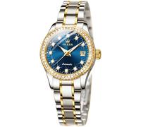 JSDUN Goldene mechanische Herren-Armbanduhr, automatisch, selbstaufziehend, Edelstahl-Armbanduhr, wasserdicht, mit Tag und Datum, L7003: Zweifarbiges Band und blaues Zifferblatt, Elegant