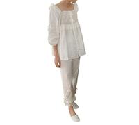Jsrichhe Zweiteiliger Loungewear-Set für Damen, viktorianischer Vintage-Stil, Prinzessinnen-Stil, Retro, Spitze, süß und niedlich, lang, 7/4-Ärmel, Frühling und Herbst, weiß, XL