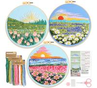 JSRQT 3 Sets Kreuzstich Kit Blumenmuster Pflanzen Stickerei Sticken Set Embroidery für Anfänger Erwachsene Stickmuster DIY Handgemachte Starter Gestempelten Tools Handwerk Kunstprojekt Bastelset