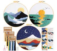 JSRQT 3 Sets Stickerei Set Anfänger Erwachsene, Gestempeltes Kreuzstichset, Stick Starter Set mit Landschaftsmuster, Handgefertigtes Stickenset Embroidery Kit mit Anleitung Stickrahmen Nadel und Fäden