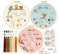JSRQT 3 Stück Stickerei Kit für Anfänger, Stitch Practice Stickerei Kit zu Lernen, 30 Verschiedene Stiche, Blumen Kreuzstich Starter Kit Sticken set Erwachsene Kinder mit Video Hoop Nadel und Garn