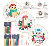 JSRQT 3 Stücke Eule Stickerei Starter Kit für Erwachsene Anfänger,DIY Handgemachte Kreuzstich Set, Nadelspitzen Embroidery Kit für Heimdekoration