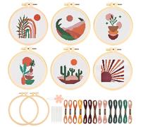 JSRQT 6 Stück Boho Landschafts Kreuzstich Set für Anfänger Erwachsene, Handgefertigtes Nadelspitzen Stickset für Bastelliebhaber, Stickerei Starter Set für Heimdekoration, mit 2 Stickrahmen, Werkzeug