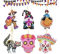 JSRQT 6 Stück Diamant Kunst Gemälde Schlüsselanhänger, Halloween 5D Diamond Art Painting Anhänger Set, Doppelseitige Diamant Stickerei Schlüsselanhänger mit Schädel Muster, für Tasche Dekoration