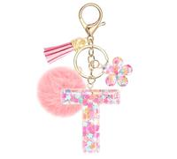 JSRQT Niedlicher Rosa Schlüsselanhänger Buchstaben T, Namens Alphabet Harz Schlüsselanhänger Blumen Pailletten mit Pompons, Taschenanhänger Key Chain für Frauen Mädchen Handtaschen Rucksack Dekor