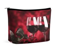 JTKBNVM Make-up-Tasche für Damen, Motiv: Rosen und Gläser Rotwein, wasserdichte Kosmetiktasche, tragbare Reise-Kulturbeutel, Aufbewahrungstasche, große Make-up-Tasche, Hand-Make-up-Tasche für Arbeit,