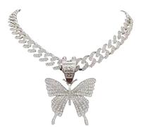 jtkhaweh Classic Men Women Hip Hop Iced Out Bling Butterfly Pendant Necklace Chain Hiphop Necklaces Silvercolor