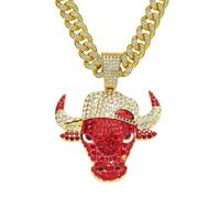 jtkhaweh Halskette Ketten Schmuck Herren Frauen Anhänger Necklace Red Bull Kopf Anhänger, Kraftvolle Und Personalisierte Punk Halskette 金色(红色牛)-配5525款50Cm古巴链