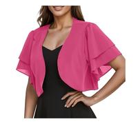 JTKSSCS Bolero Damen Festlich Frühling und Sommer Neue Damen Chiffon Bluse einfarbig Kurzarm Strickjacke dünnen Chiffon(Fuchsia,XXL)