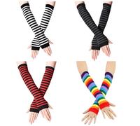 JTMKYO 4 Stück Lange Gestreifte Fingerlose Handschuhe - Gestrickte Thermohandschuhe für Damen, Modisch und Warm für Herbst und Winter