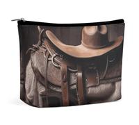 JTREHY Kosmetiktasche für Damen, Pferdesattel mit Cowboyhut, bedruckt, großes Fassungsvermögen, tragbar, mit Reißverschluss, Kulturbeutel, Aufbewahrungstasche, wasserdichte Reisebrieftasche für Damen