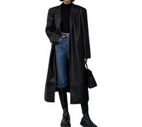 Juankrynord Damen Frühlingsmode Lockerer knielanger PU-Reversknopf-Trenchcoat Retro Langer Anzugjackenmantel Einreihiger Herbst-Trenchcoat (Schwarz,M)