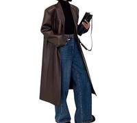 Juankrynord Damen Frühlingsmode Lockerer knielanger PU-Reversknopf-Trenchcoat Retro Langer Anzugjackenmantel Einreihiger Herbst-Trenchcoat (Kaffee,M)