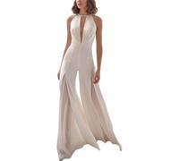 Juankrynord Damen Sexy Tiefer V-Ausschnitt Jumpsuit Elegante Spitze Ärmellos Schlichter Cocktail Abend Party Festlicher Anzug Lässige Hosen Langer Jumpsuit (Weiß,M)