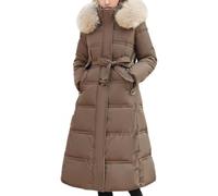 Juankrynord Damen Winter Hochkragen Reißverschluss Knopf Warm Langer Daunenmantel Langer Steppmantel Mit Abnehmbarem Haar Kragen Kapuze Verdickter Langer Daunenmantel (Kaffee,XL)