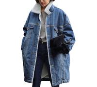 Juankrynord Damen Wintermode Langer wattierter Mantel Lange Plüsch Gefütterte Denim Longjacke Mittellang mit Knöpfen Wattierter Denim Trenchcoat Plüsch Jeansjacke (blau,XL)