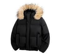 Juankrynord Herren Wintermode Steppjacke Leichter Wasserdichter Daunenmantel mit Kapuze und übergroßem Pelzkragen Retro Slim-Fit Klassische Übergangsjacke (schwarz,XL)