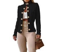 Juankrynord Zweireihiger Blazer für Damen Stehkragen Langarm Slim Jacke Casual Business Office Slim Langarm Blazer mit strukturiertem Revers (Schwarz,XL)