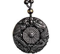juanxian Feng Shui Halskette mit Anhänger, reine natürliche Obsidian, Drache und Phönix, Klatsch-Anhänger, Halskette, Muster, Perlenkette für Männer oder Frauen, W4016, 1.96x1.96 inch, Natürlicher