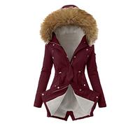 JUBEN Schwarze Jacke Damen Damen Täglich Plus Size Wintermantel Reverskragen Langarm Jacke Vintage Dicker Mantel Jacke Warm Kapuze Dick Gepolsterte Oberbekleidung Longline Puffer Mantel, wein, 50
