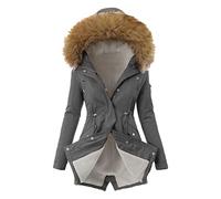 JUBEN Schwarze Jacke Damen Damen Taglich Plus Size Wintermantel Reverskragen Langarm Jacke Vintage Dicker Mantel Jacke Warm Kapuze Dick Gepolsterte Oberbekleidung Longline Puffer Mantel, Grey, 50